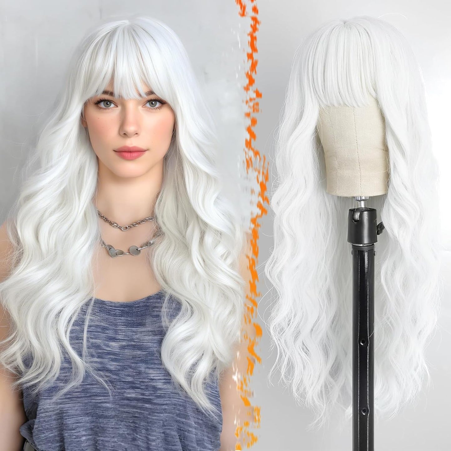 Long Wavy Blonde Curtain Bangs Wig - 26" Synthetic Ombre Wig with Dark Roots | Soft Natural Look