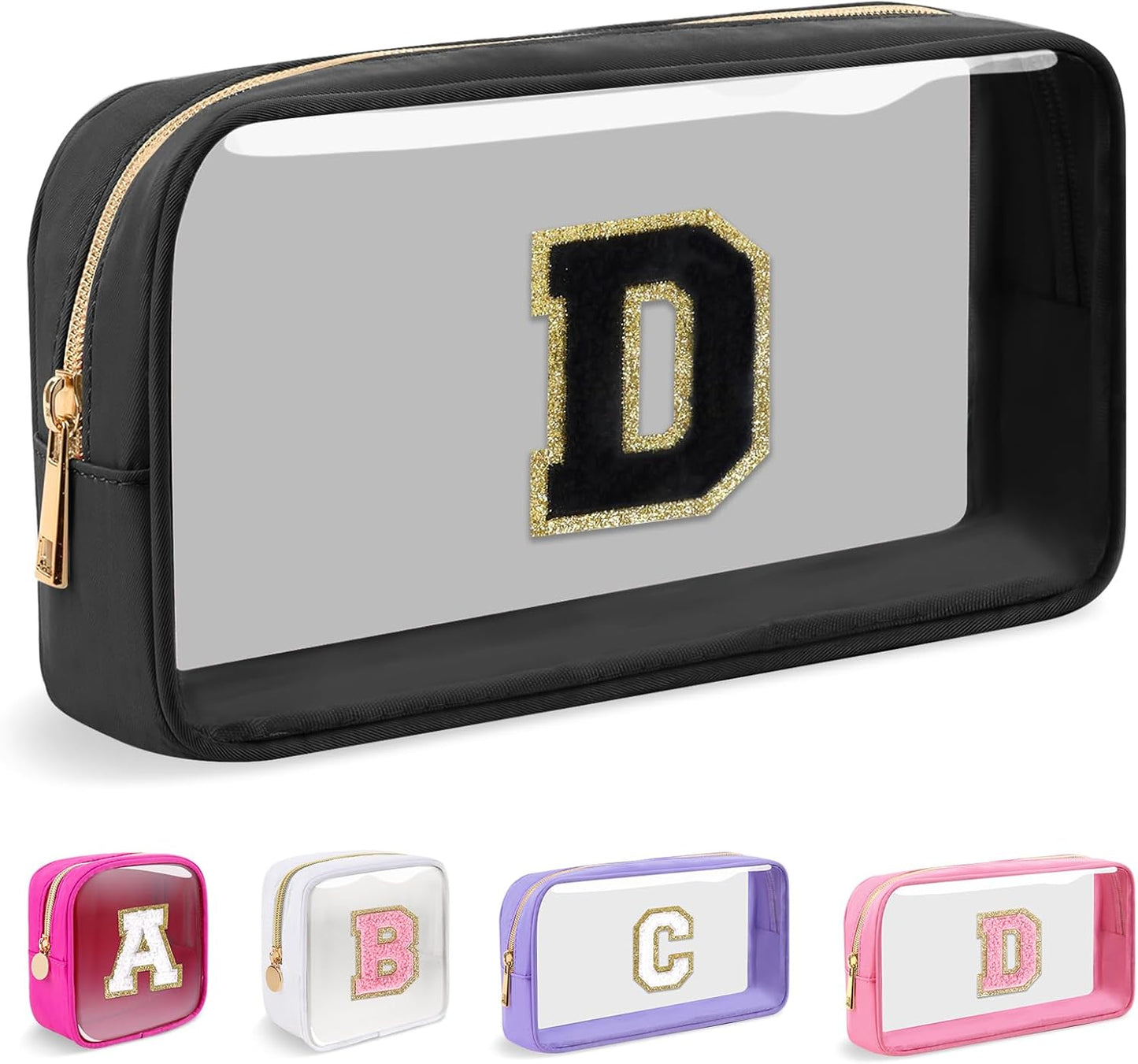 Personalized Initial Makeup Bag - Waterproof Nylon Cosmetic Pouch | A-Z Chenille Letter Patch, White-Pink G