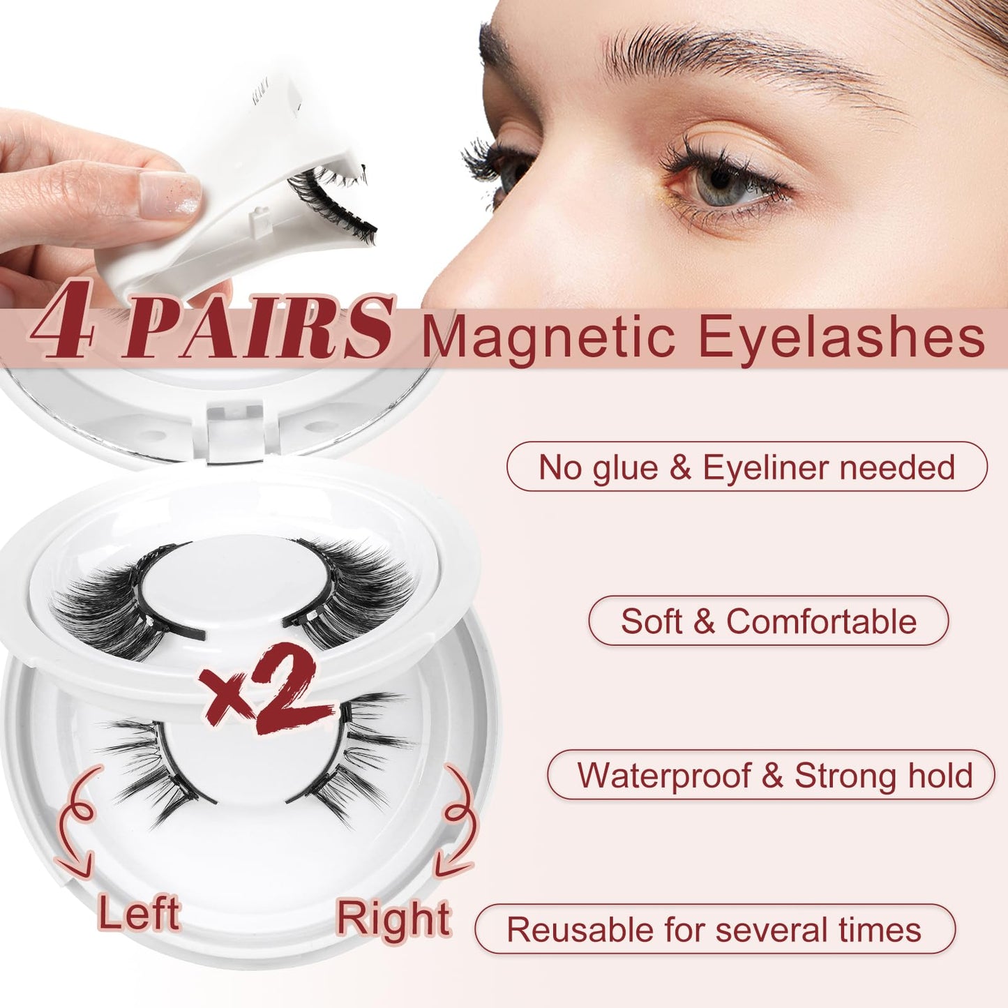 Higu clace Magnetic Eyelashes 4Pairs Magnetic Eyelashes with Applicator Soft Magnetic Lashes Natural Look Wispy Magnet Lashes Without Eyeliner Easy to Wear and Remove(DJCX-B04）