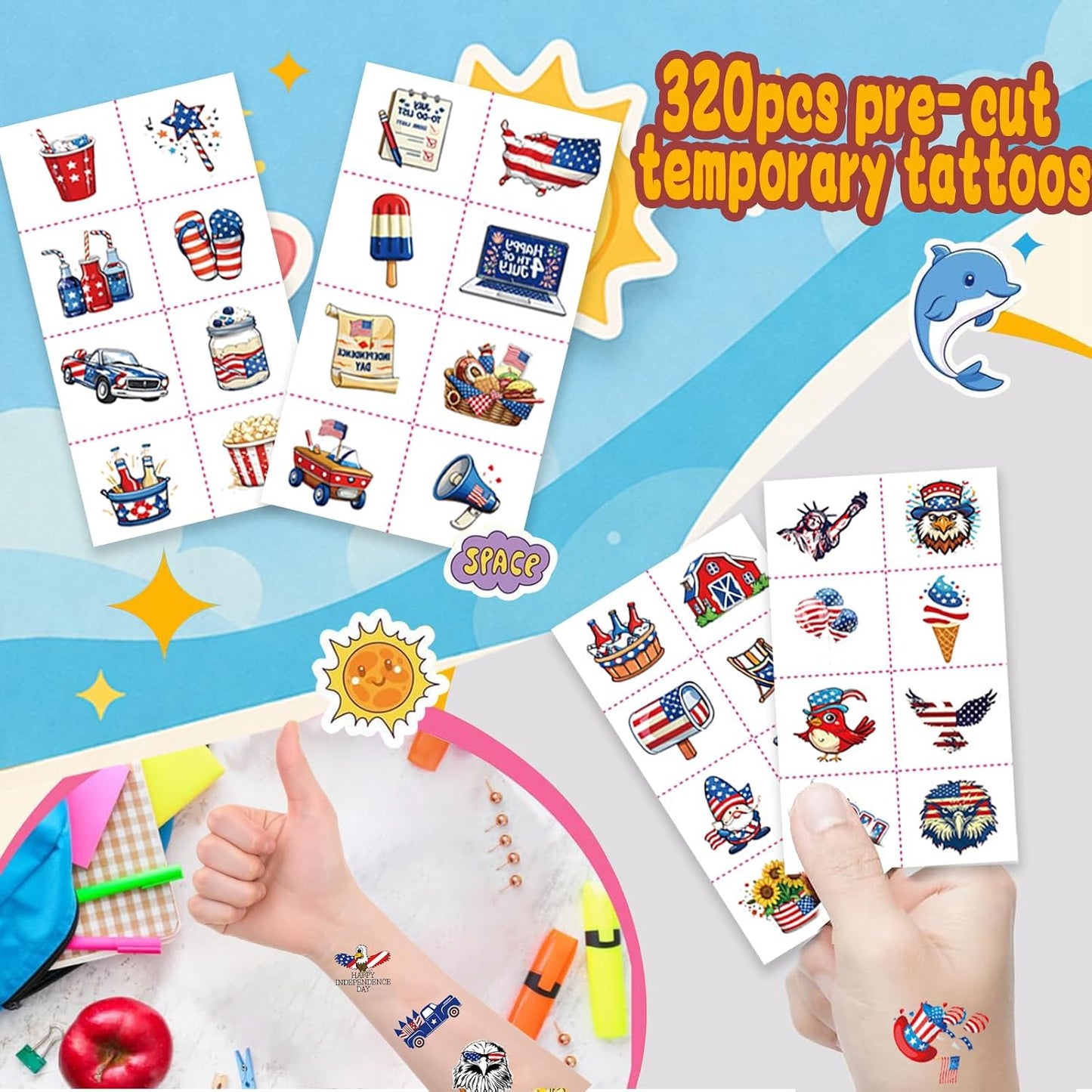 4th of July Temporary Tattoos - 320 Pcs USA Patriotic Stickers | Waterproof Red, White & Blue Face and Body Decor