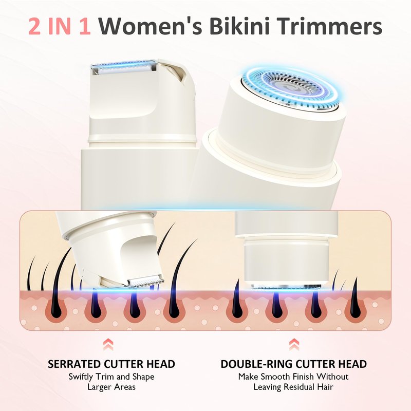 SUNVIVIPRO 2-in-1 Bikini Hair Trimmer, IPX6 Waterproof Electric Razor for Women, Painless Body Shaver Pubic Trimmer, Hair Removal Kit for Bikini Underarm Leg Arm Body Face, White