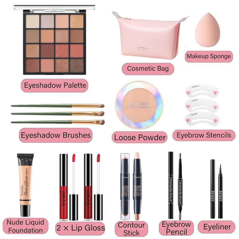 Makeup Set for Women - Complete Kit for Beginners & Pros | Travel-Friendly Eyeshadow Palette, Lip Gloss & More