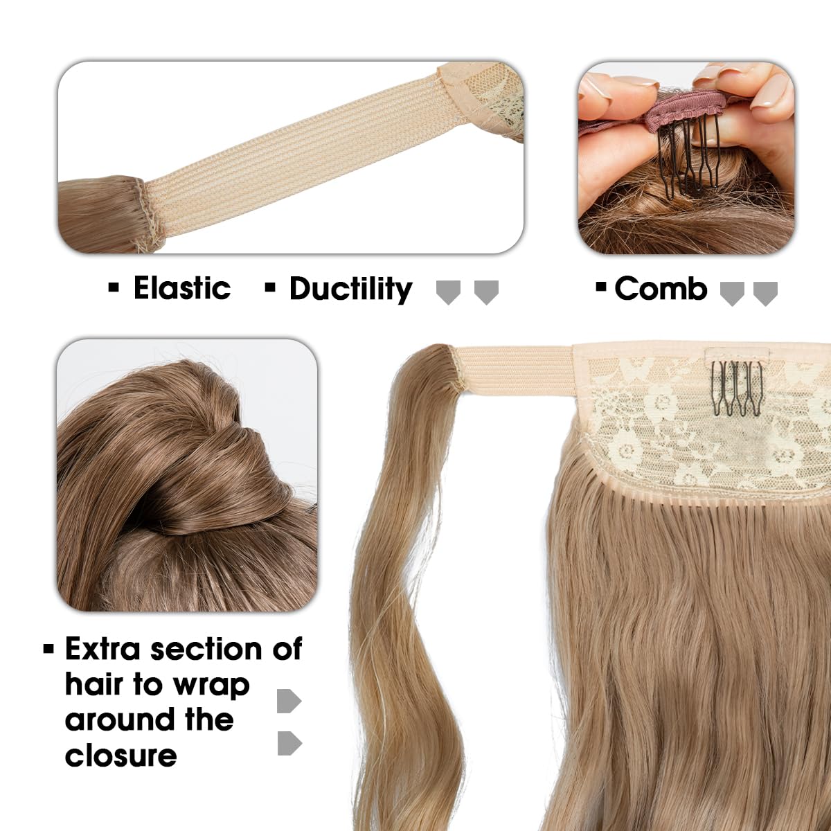 Short Ponytail Hair Extension - Curly Wavy Clip-In Hairpiece for Women | 14" Ash Medium Brown/Ash Blonde