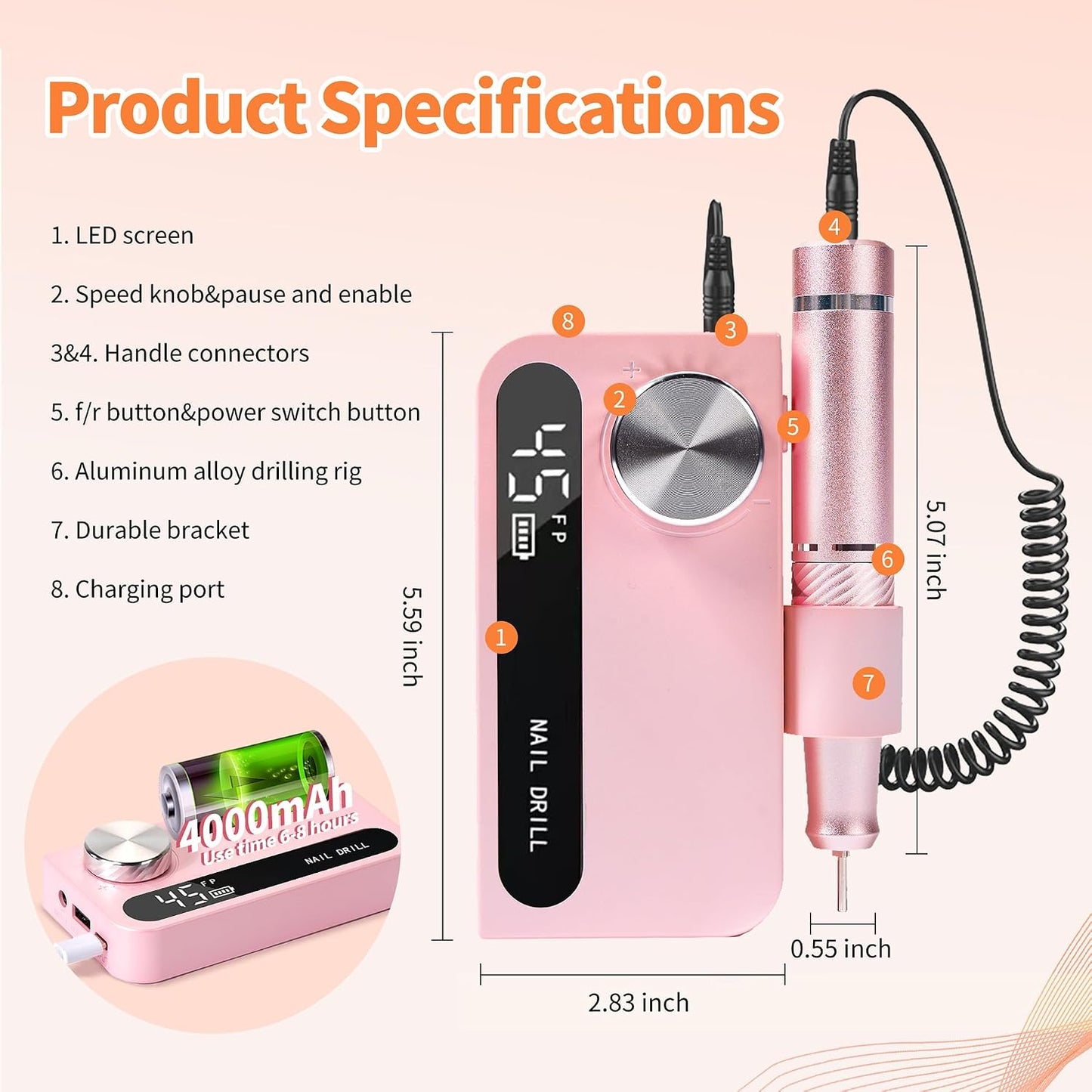 Cordless Electric Nail Drill - Professional Rechargeable Nail File Machine for Acrylic & Gel Polish | Portable Pink Manicure Kit