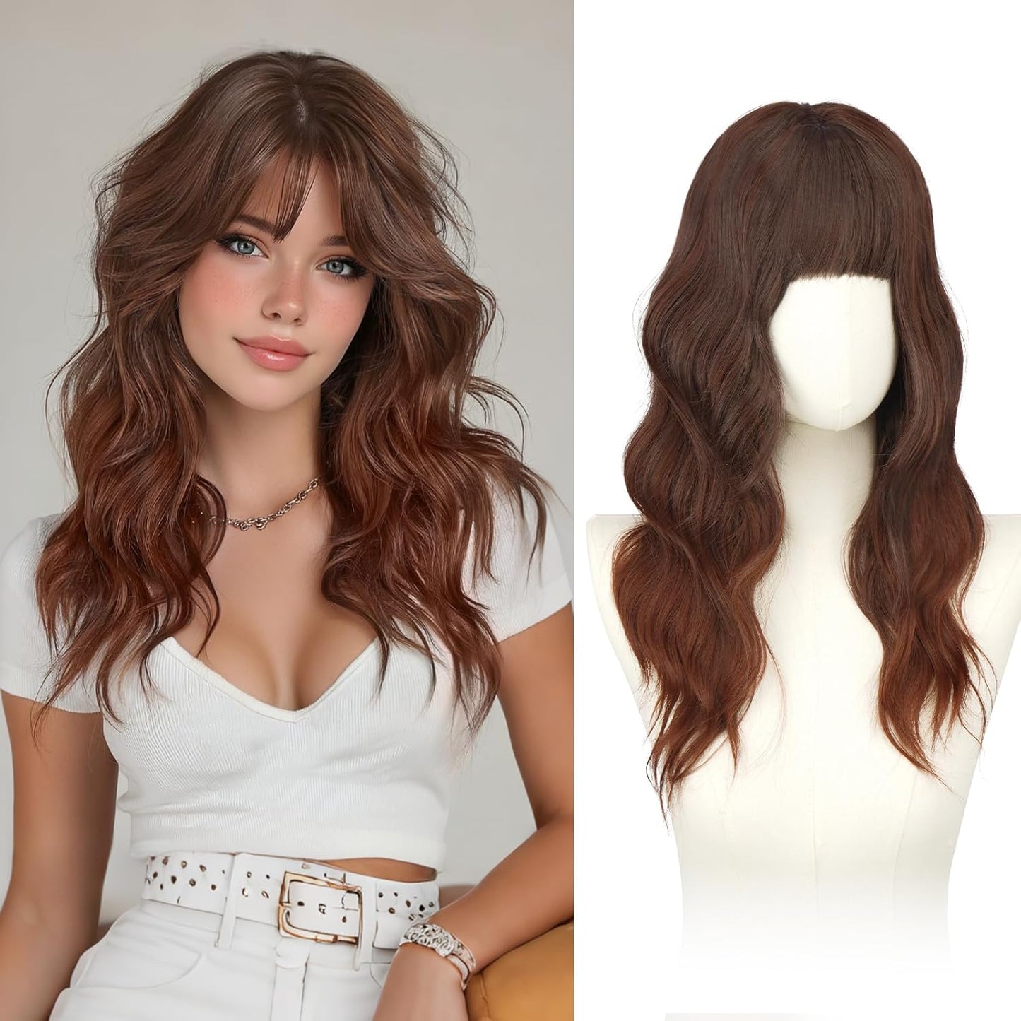 Brown Wigs with Bangs - 20 Inch Soft Wavy Synthetic Heat Resistant Hair Wig for Women | Blonde Mixed Brown