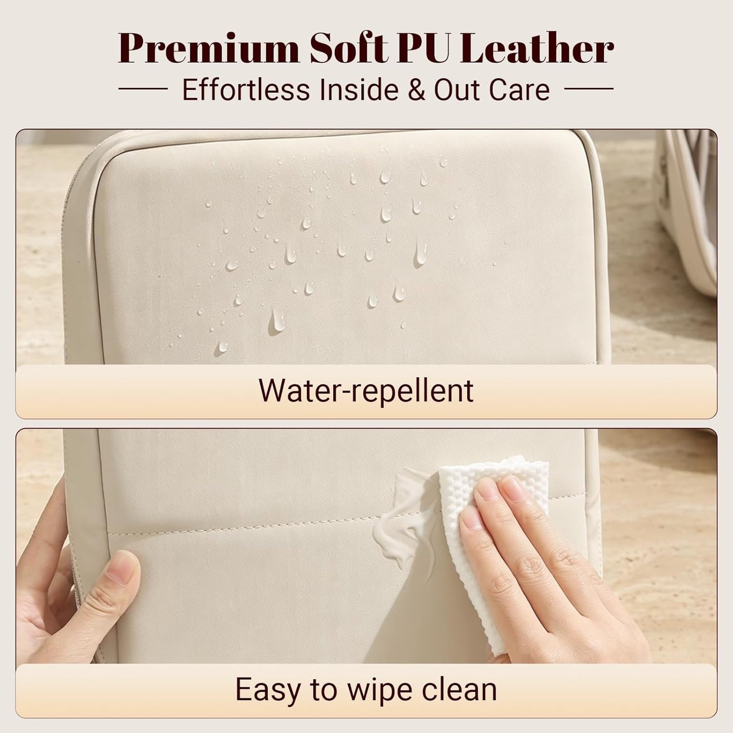 Large Waterproof Makeup Bag for Women - Foldable Cosmetic Organizer with Compartments & Detachable Dividers | Cream White