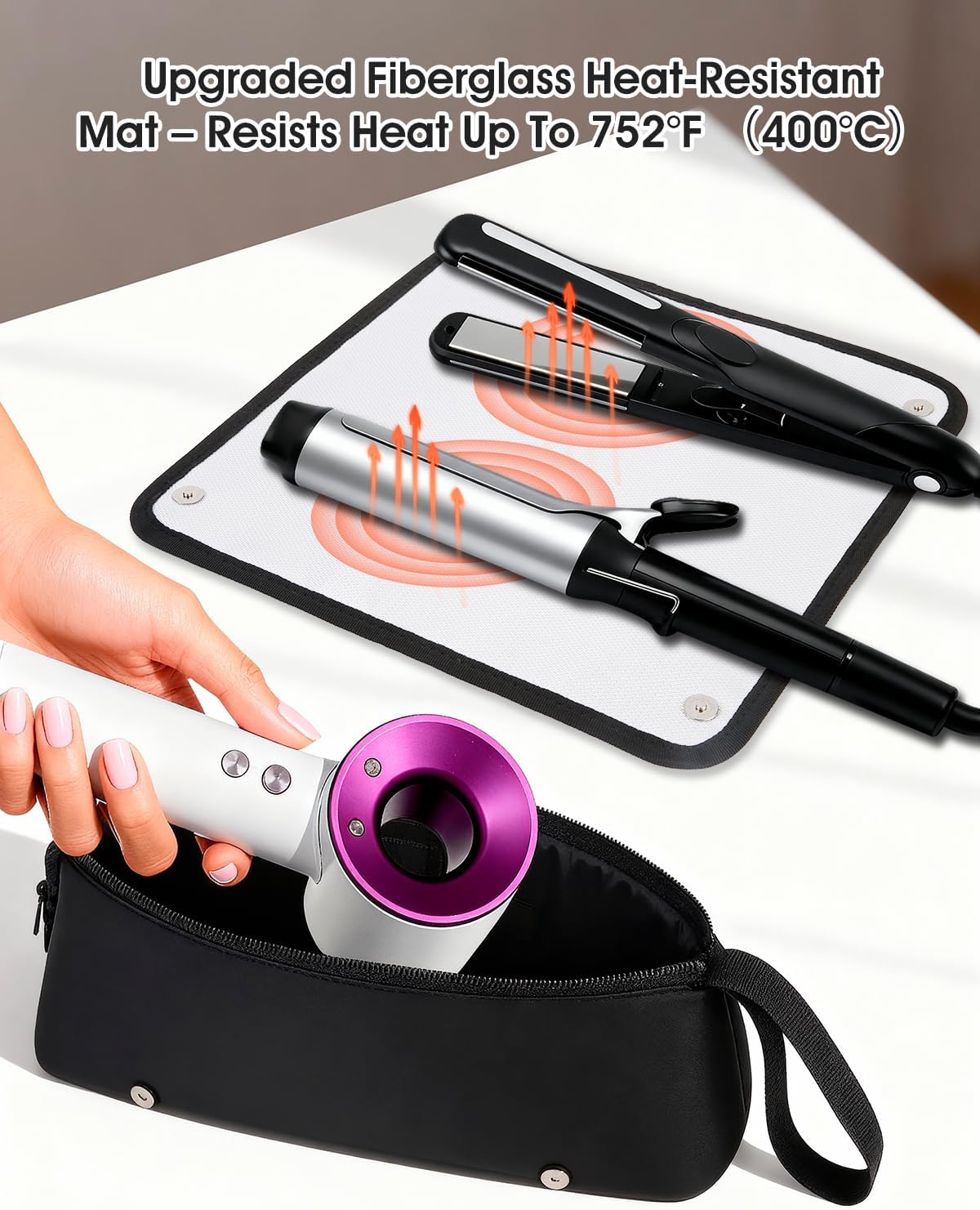 Hair Tools Travel Bag - Heat-Resistant Mat & Large Capacity Organizer for Curling Iron, Flat Iron, Blow Dryer | Portable Travel Case (Midnight)