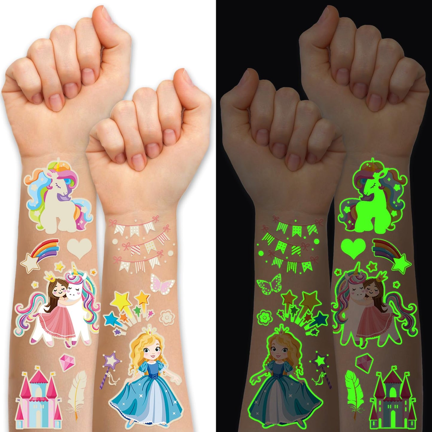 252+ PCS Glow Unicorn Princess Temporary Tattoo for Kids, 36 Sheets Rainbow Castle Candy Star Prince Fake Tattoos Sticker for Girls Boys, Luminous Birthday Magic Fairy Theme Party Favors Decoration