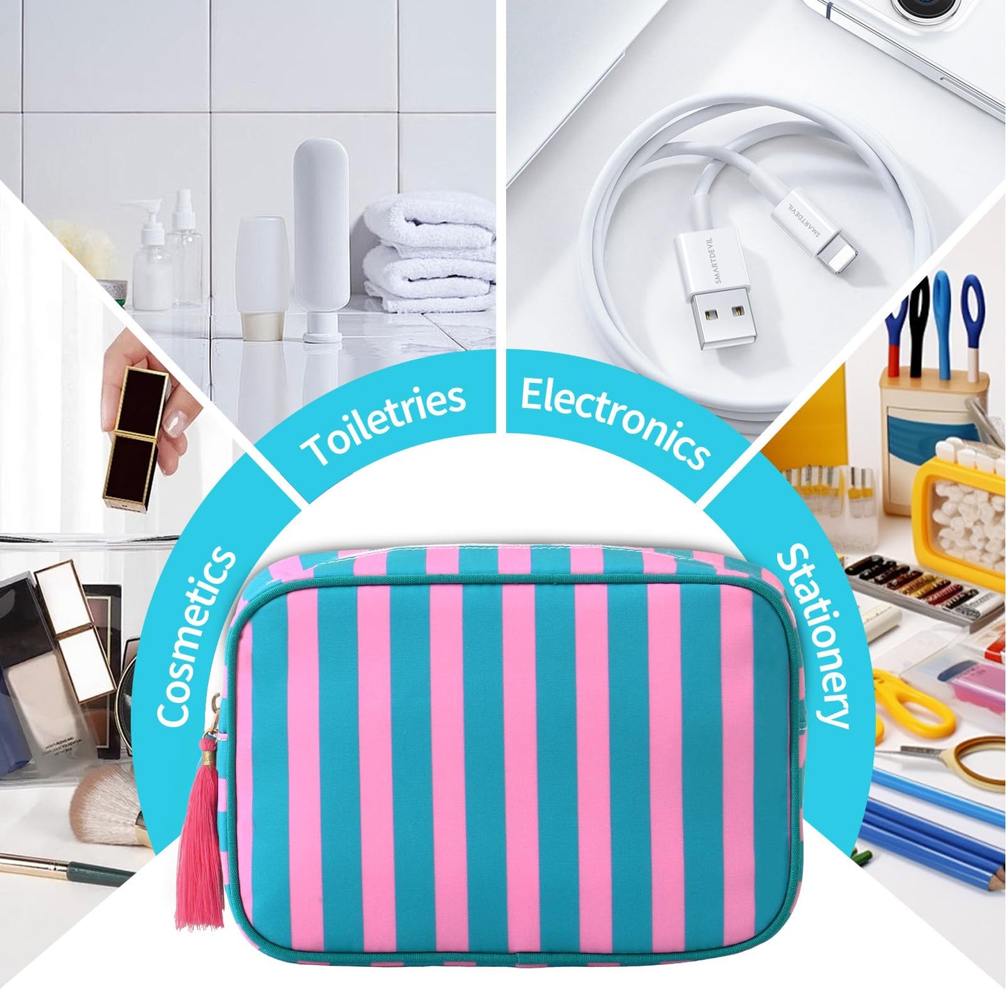 EMBRUNIOICE Stripe Makeup Bag Travel Cosmetic Bag Organizer Tassel Toiletry Bag Large Canvas Zipper Pouch and Accessories Storage Bag for Women (Pink with Green)