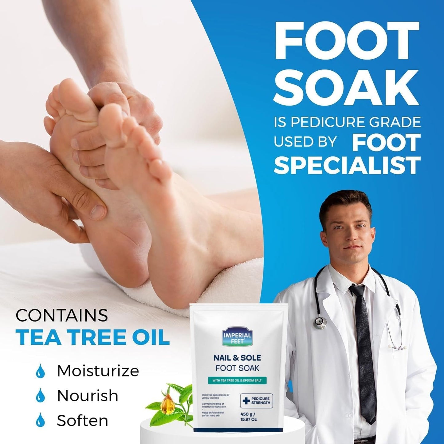 Epsom Salt Foot Soak - Pedicure Grade Toenail Repair & Fungus Treatment | 16oz Tea Tree Oil