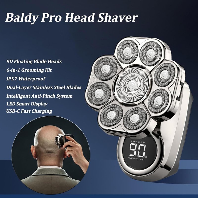 Bawldy Pro Head Shaver, 6-in-1 Detachable Head Shavers with 9D Floating Blade Heads, IPX7 Waterproof, Intelligent LED Display, Rechargeable Cordless Razor for Home & Travel