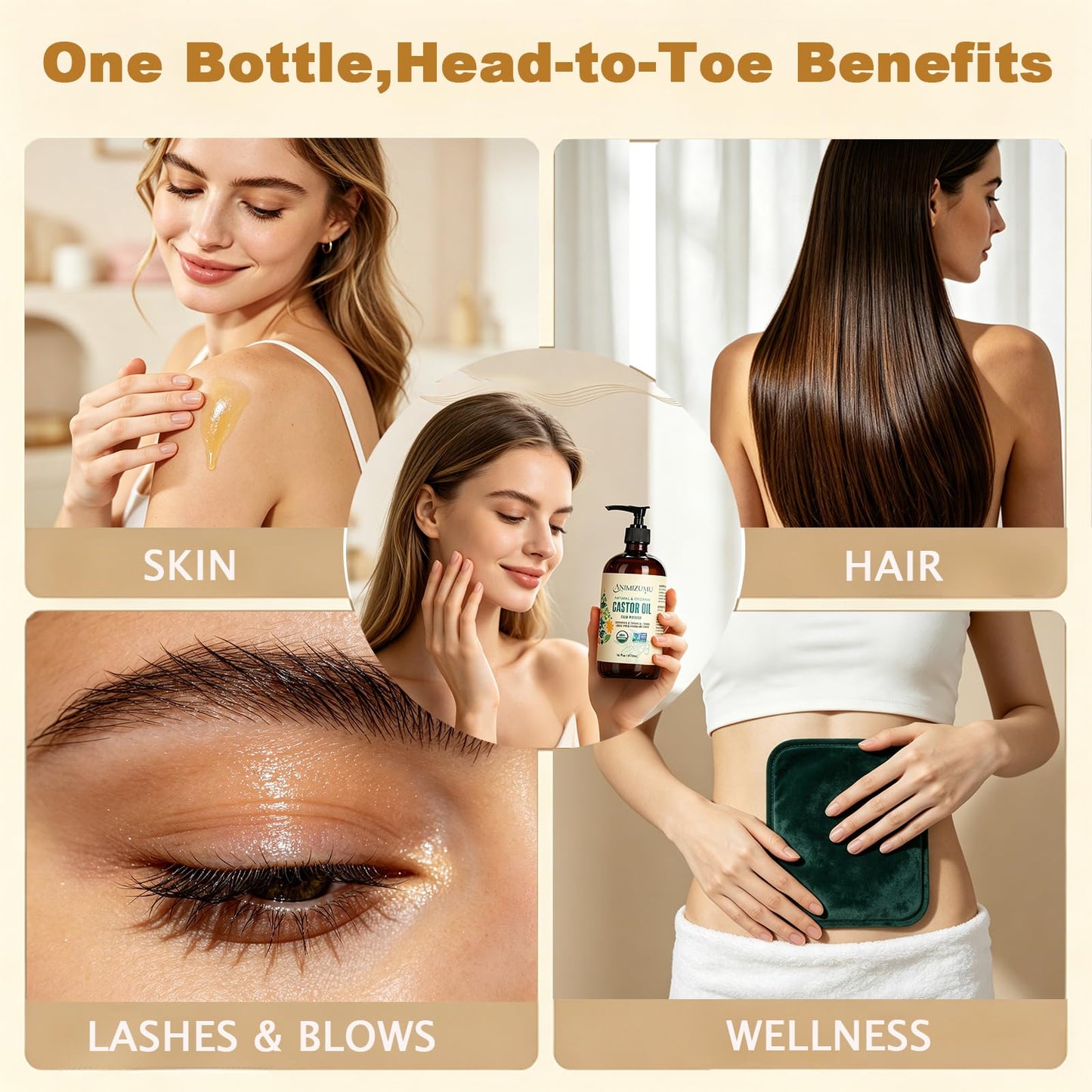 USDA Organic Castor Oil Cold Pressed,Unrefined Glass Bottle Hexane-Free Non-GMO Vegan,100% Pure Castor Oil for Hair Growth,Scalp,Face,Skin,Eyelashes,Eyebrows,Body Massage & Castor Oil Pack Wrap 16oz