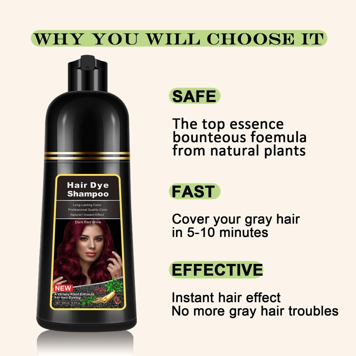 lymznus Instant Dark Wine Red Hair Dye Shampoo 3 in 1 for Gray Hair, Natural Hair Color Shampoo for Men & Women, 16.9 FL OZ Herbal Red Hair Shampoo & Red Hair Dye Colors in Minutes