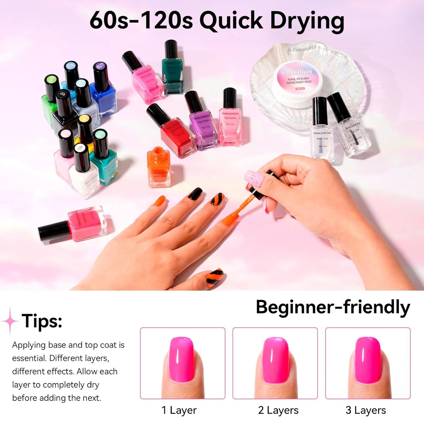 Rainbow Nail Polish Set - 10ml, 16 Colors | Air Dry, Base & Top Coat, Remover Pads for Nail Art Lovers