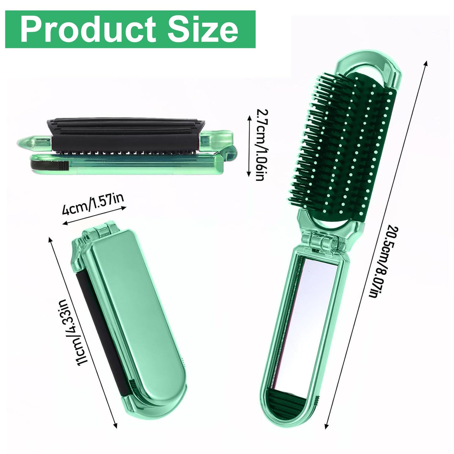 Folding Hair Brush with Mirror for Women and Girls 2Pcs, Mini Pocket Comb with Soft Nylon Bristles, Compact Travel Tool for Purse, Small Portable Hair Styling Accessory On the Go Styling Green