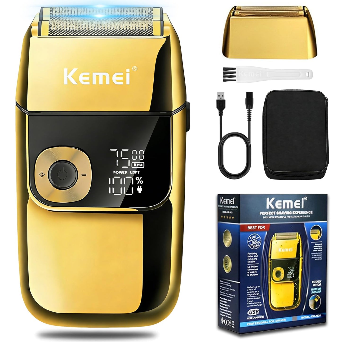 KEMEI Electric Razors for Men, LCD Display Cordless Men's Razors, USB Rechargeable with Pop-up Beard Trimmer Best Worldwide Travel Gift, Model KM 2028, Gold