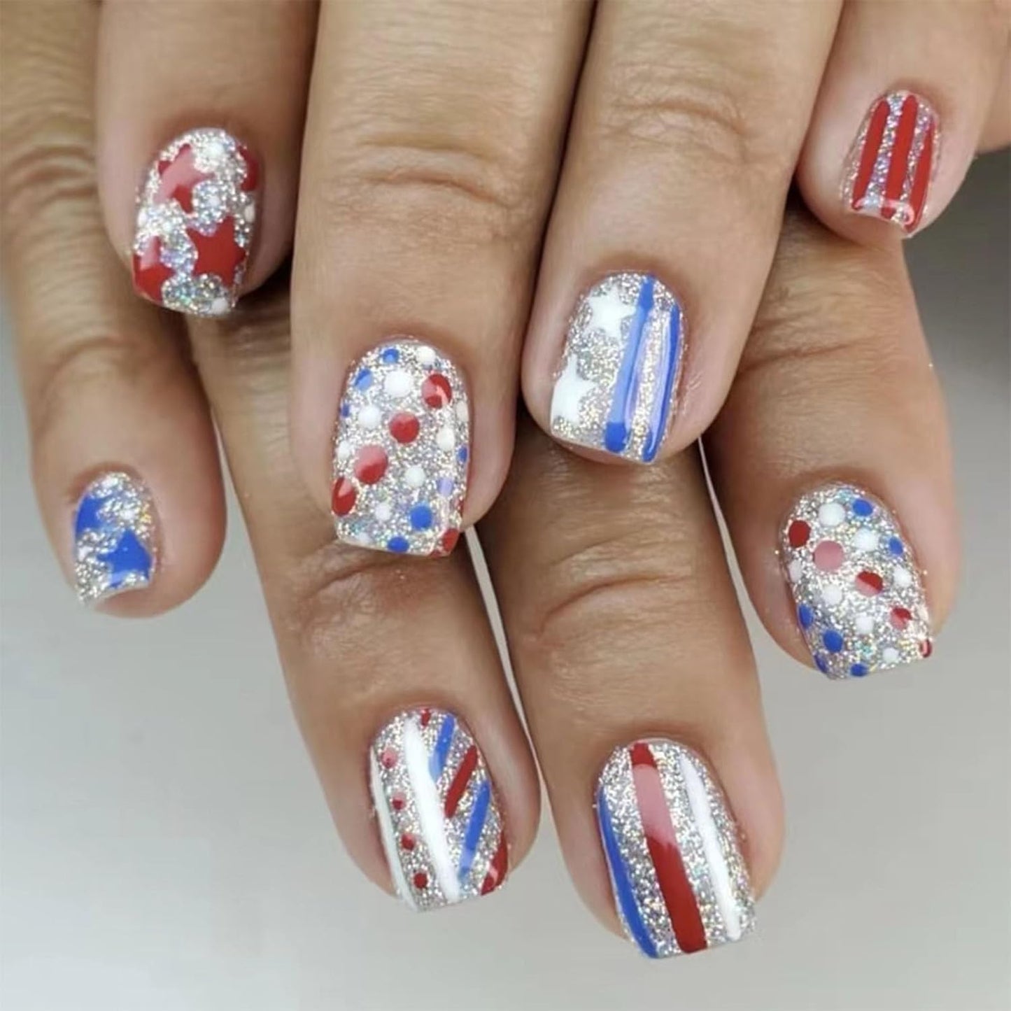 Press On Nails - Medium Square American Flag Glitter Design | 24Pcs Red, Blue & Gold 4th of July Fake Nails