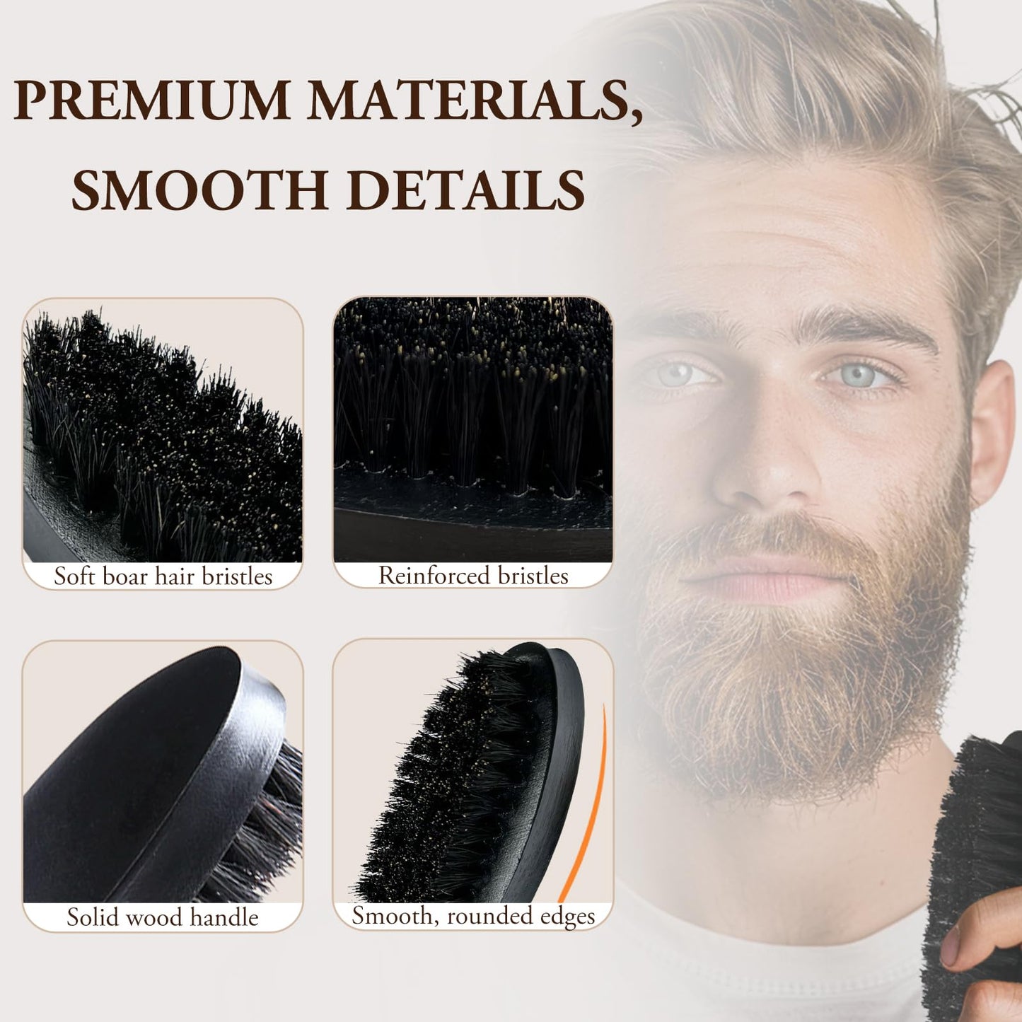 Men's Solid Wood Beard Brush, Boar Bristle Mustache Brush for Men, Military Style