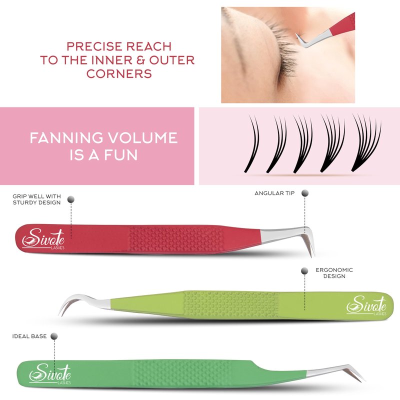 SIVOTE Lash Tweezers for Eyelash Extensions Fiber Tips, Set of 3, 45 Degree, Curved, Volume Boot, Dark Green Red Green