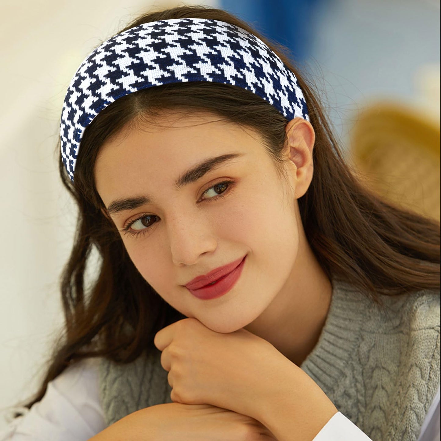ACO-UINT Navy Blue Plaid Headband for Women, Boho Wide Headbands Thick Headbands with Teeth, Large Head Bands for Women's Hair Turban Hairbands Hair Accessories for Women