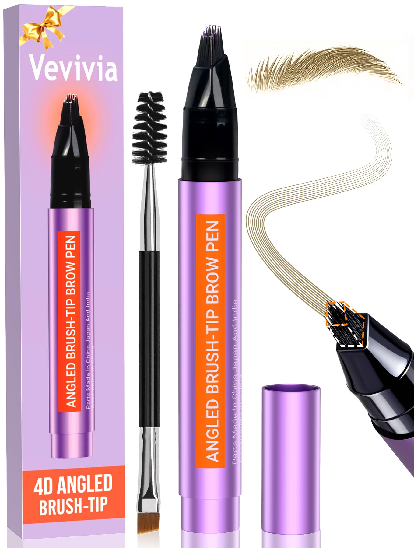 Vevivia Beauty Eyebrow Pen - Eyebrow Pencils for Women with 4D Micro Brush-Tip for Natural Hair-Like Strokes, Long Lasting Fluffy Brows, Waterproof, Light Brown