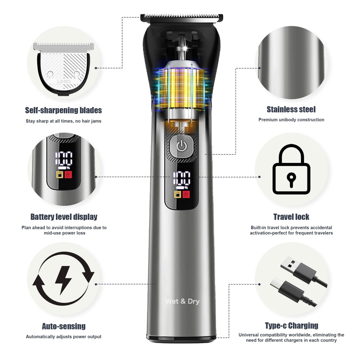 Beard Trimmer for Men – Stainless Steel Electric Razor & Shaver, Cordless Hair Clippers Grooming Kit, IPX7 Waterproof Nose Ear Face Body Trimmer, USB-C Rechargeable with Travel Lock, Gifts for Men