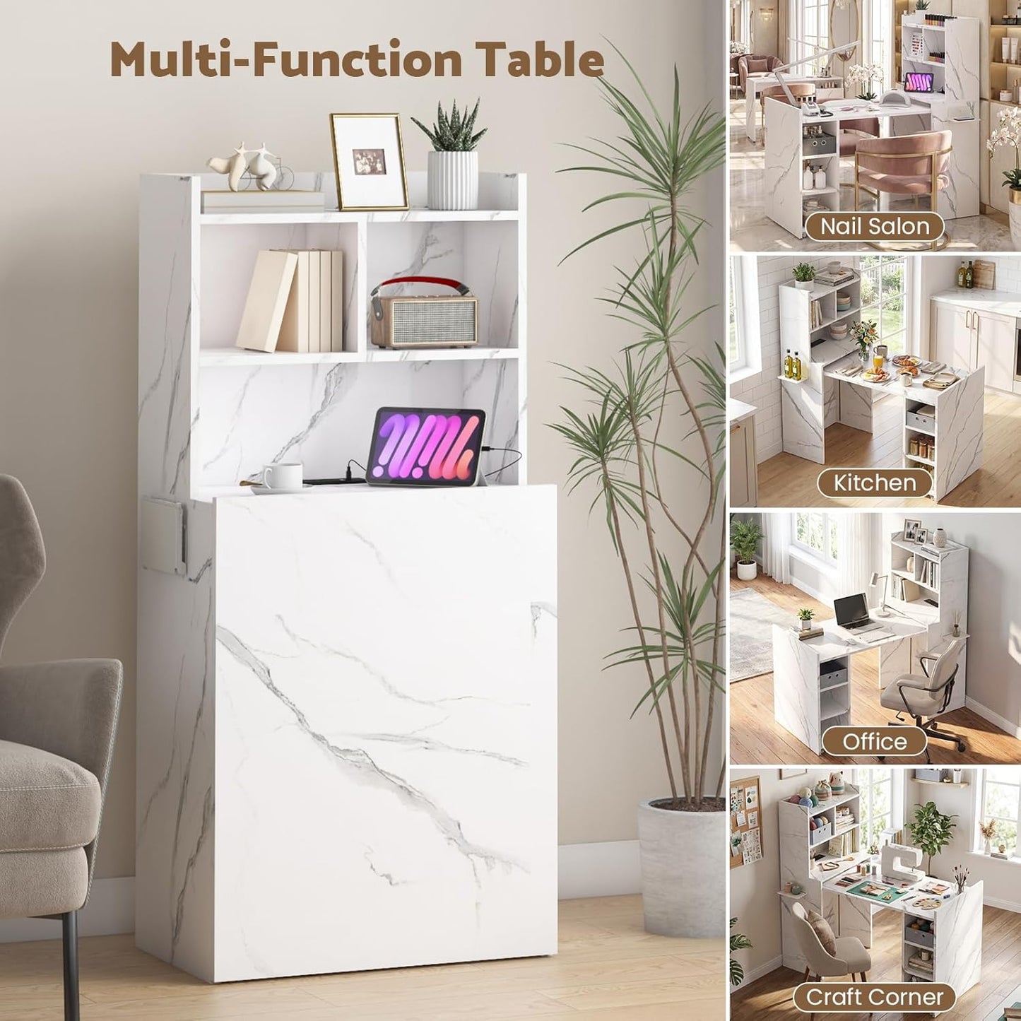 Foldable Manicure Table - Extendable Nail Station with Charging Station & Storage | Modern White Design for Home & Office