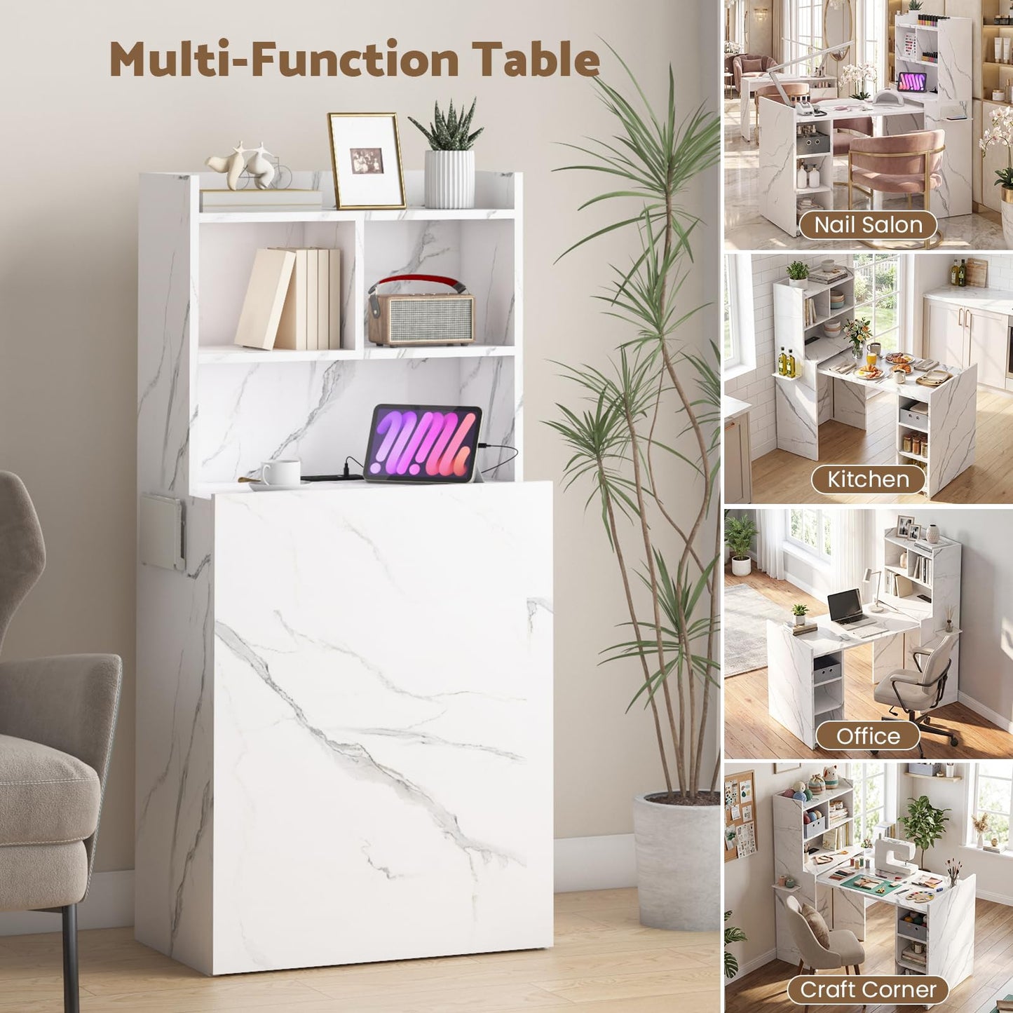HolaiNail Foldable Manicure Table, Modern Nail Tech Table Nail Desk with Charging Station, Storage Shelf & Fabric Drawer, Wall Mount Nail Station Extendable Multipurpose Table for Home Office, White