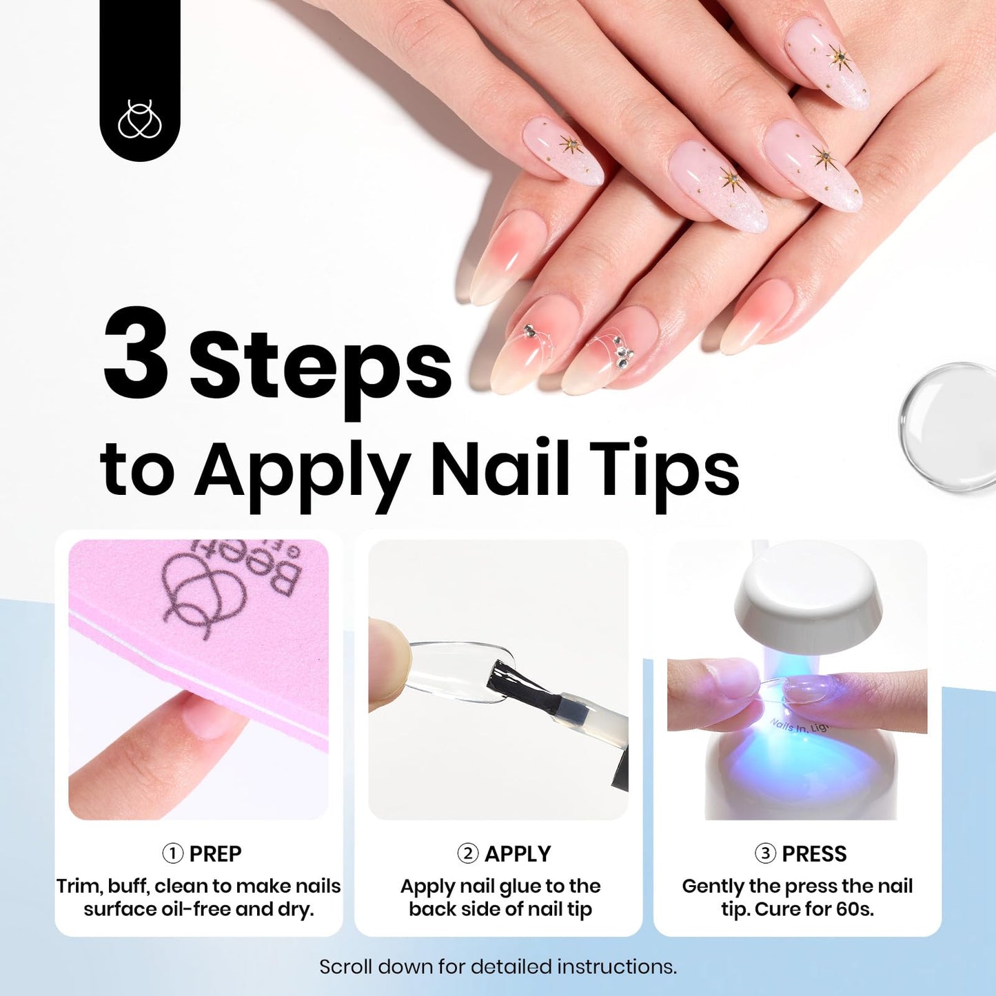 Beetles 9 in 1 Nail Glue Gel for Nail Tips and Clear Acrylic Nails Long Lasting, Curing Needed UV Extension Glue for False Nail Tips and Clear Press on Nails, Summer Nail Art