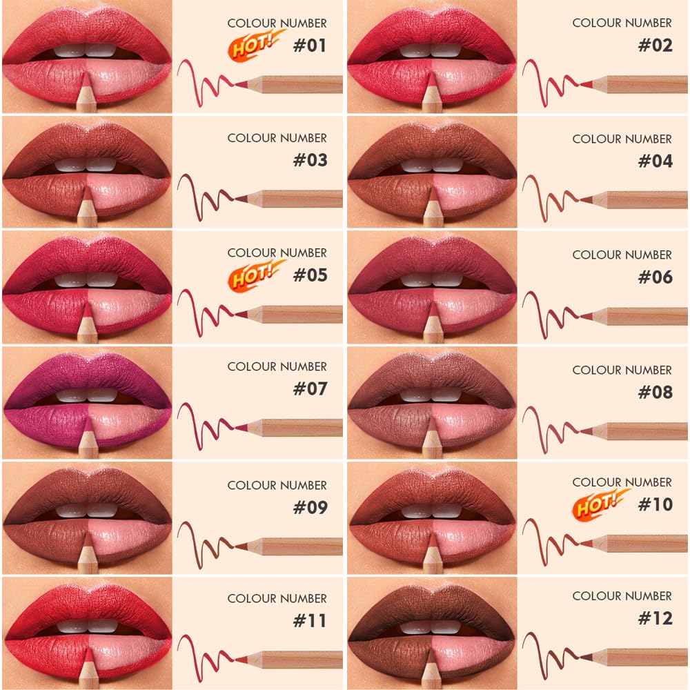 Matte Lip Liner Set - 12 High Pigmented Waterproof Colors for Long-Lasting Daily Makeup | Smooth Application