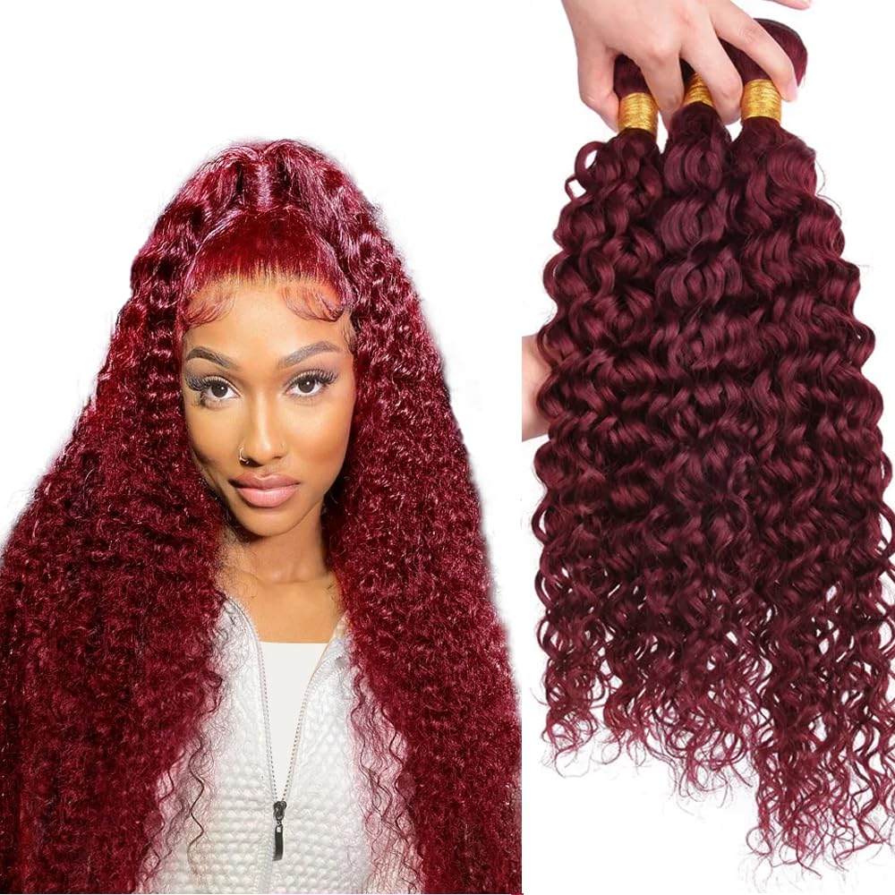 #99J Burgundy Bundles Human Hair Water Wave Bundles 30 32 34 Inch Wine Red Unprocessed Brazilian Virgin Hair 3 Bundle 50 Gram Per Bundle Deals Quick Weave Hair Extensions