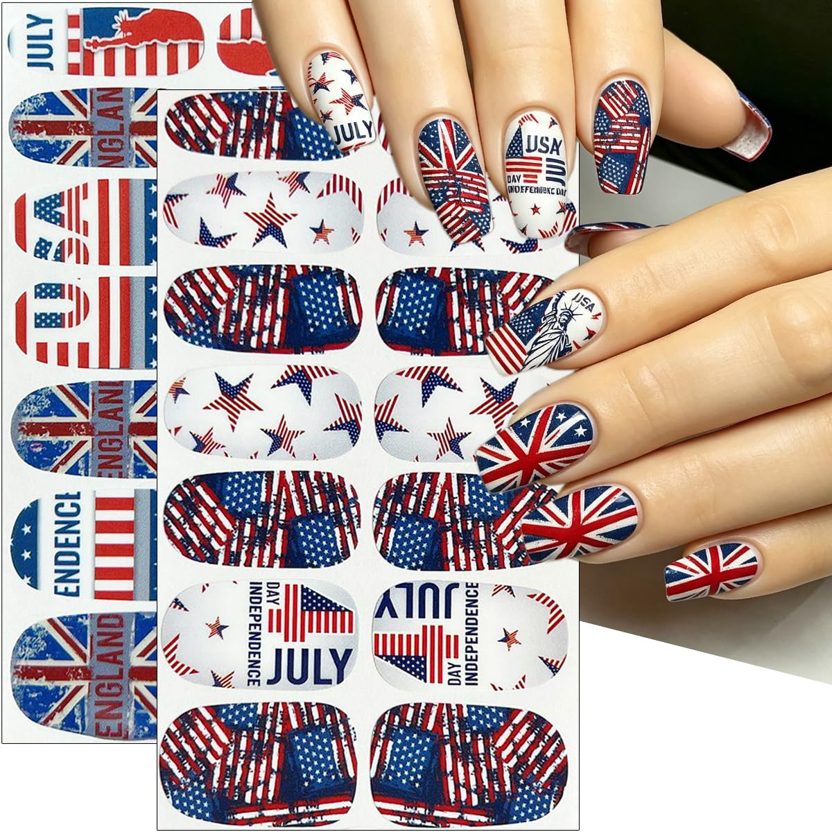 4th of July Gel Nail Stickers Star American Flag Design Independence Day Gel Nail Polish Strips Firework Balloon Patriotic Full Nail Wrap Decals Holiday Nail Strips Stickers for Women Manicure 4Sheets