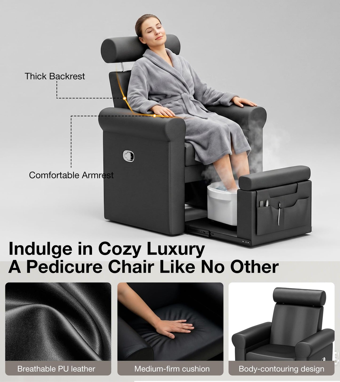 VARONXE Pedicure Chair No Plumbing, Professional Reclining Pedicure Station for Nail Tech, Foot Spa Unit w/Adjustable Footrest & Headrest, Pull-Out Base for Small Space, Black