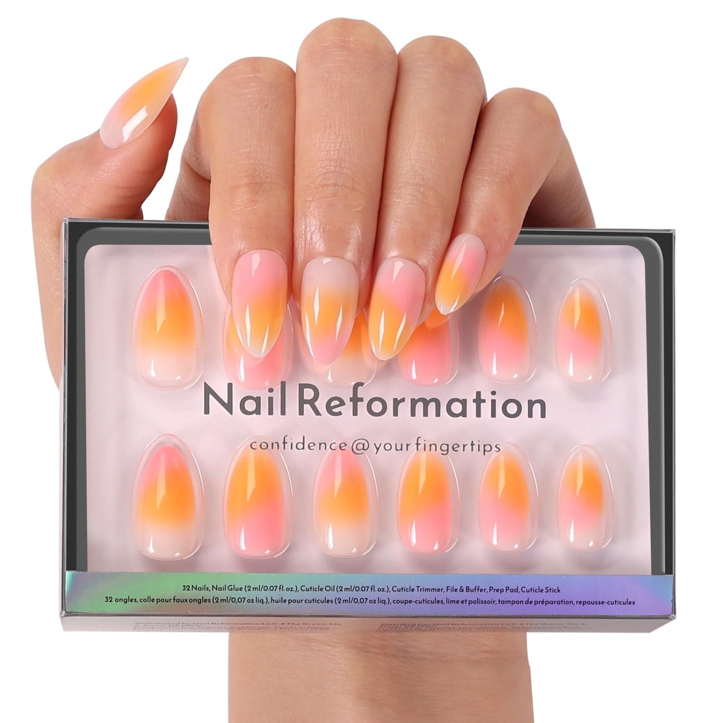 Press On Nails - Tropic Tide Sunset Orange to Deep Purple | Medium Almond Shape with 3D Floral Accents - Reusable 30-Piece Set in 15 Sizes