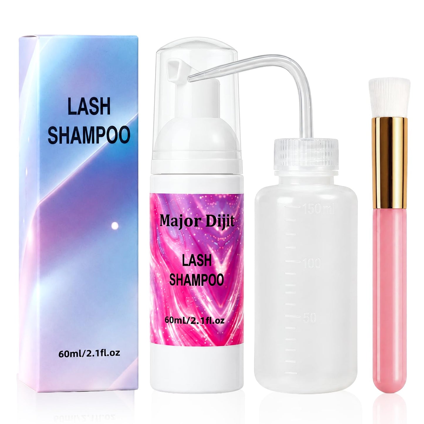 Major Dijit Lash Shampoo Kit Lash Cleaning Kit with Brush/Rinse Bottle Oil-free Cleanser Wash for Extensions & Clusters & Natural Eyelashes Cleaner for Eyelash Care (White Kit)
