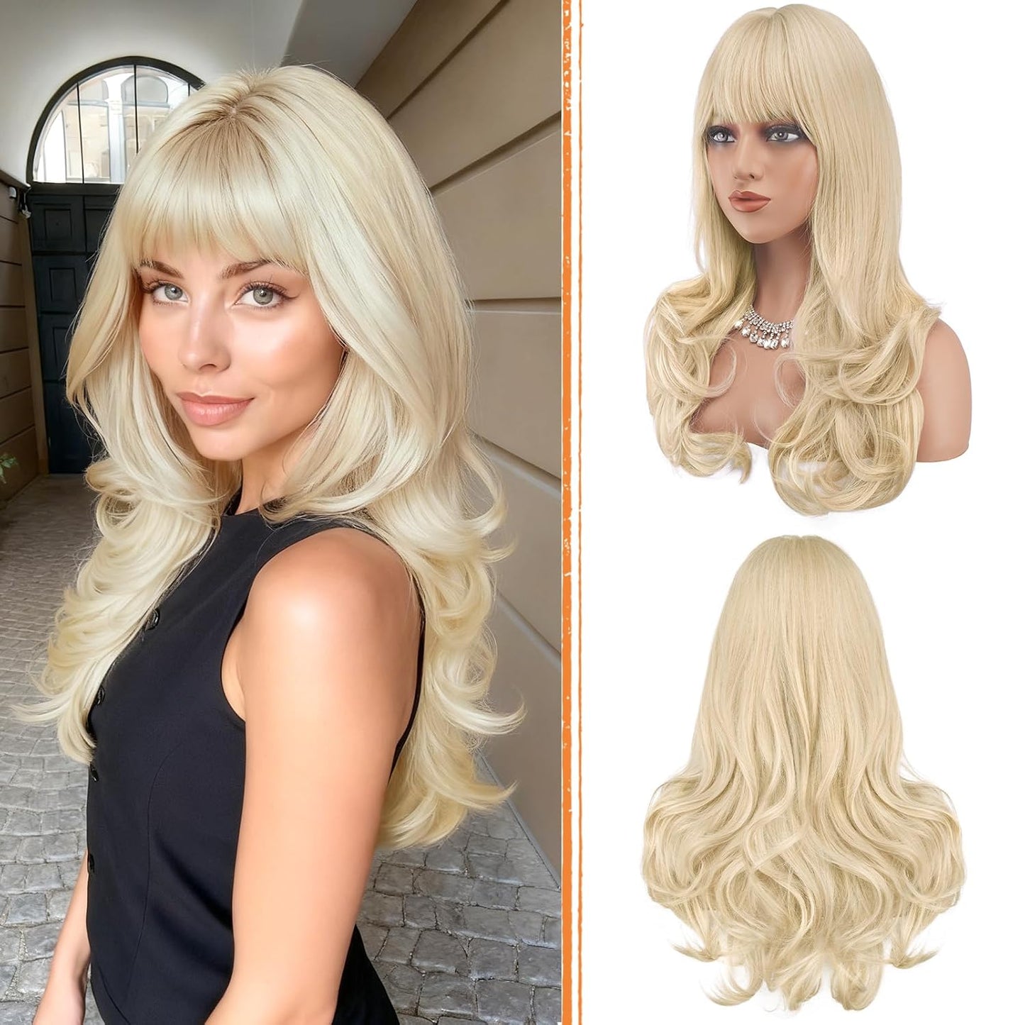 Blonde Wigs with Bangs - Long Wavy Layered Synthetic Hair Wig | Natural-Looking, Heat Resistant, 24 Inch for Daily Wear & Parties