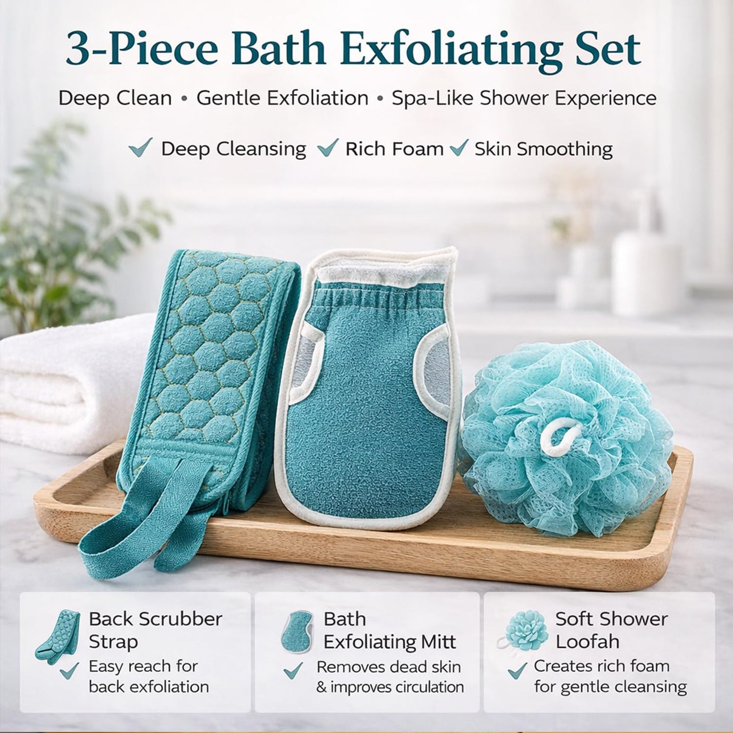 3 Pcs Exfoliating Body Scrubber Set, Extra Thick Back Scrubber for Shower, Dual Sided Bath Exfoliating Glove & Loofah Bath Sponge, Deep Cleansing Dead Skin Remover