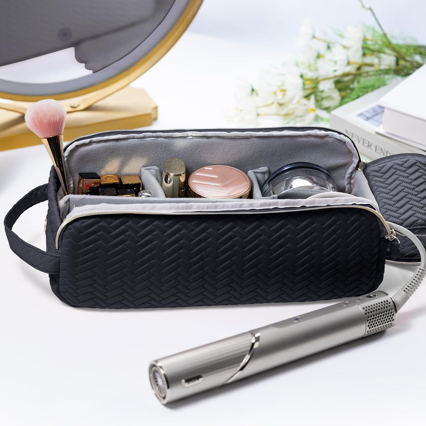 ELCUPA Large Hair Tools Travel Bag Compatible with Shark FlexStyle, Revlon & Dyson | Hair Dryer Brush Organizer, Flat Iron, Curling Iron, Makeup & Cosmetic Bag for Travel Essentials