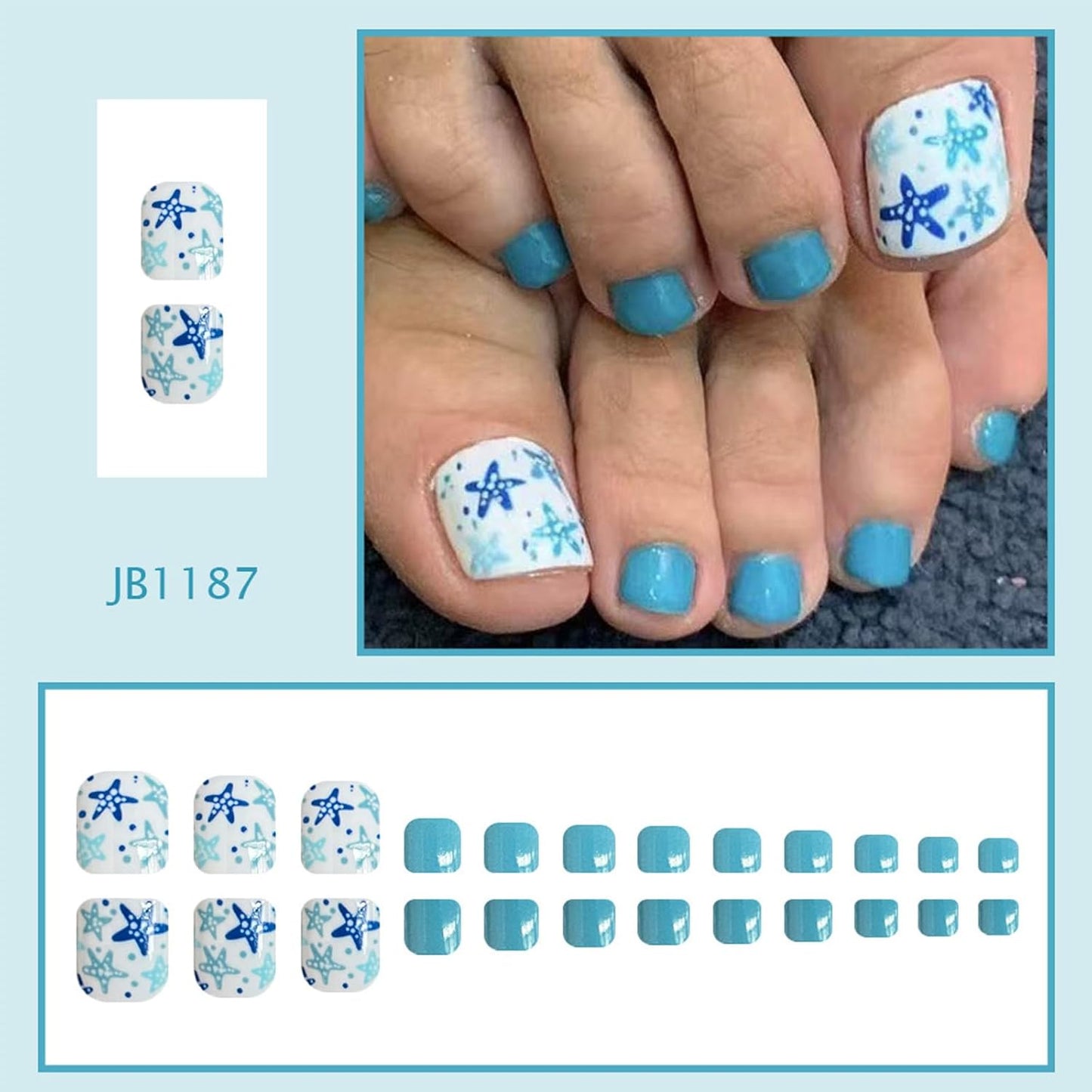 Press-On Toenails - Blue Starfish Short Square Acrylic Tips | Reusable Summer Beach Nails - 24 Pcs