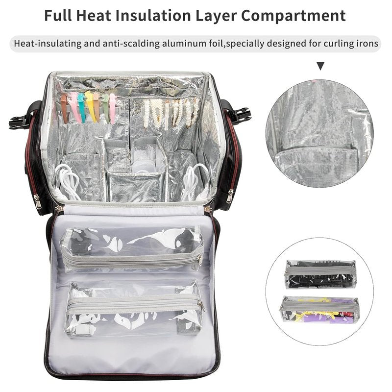 Makeup Train Case - Large Cosmetic Organizer for Hairstylists | Heat Insulation, Detachable Pouch, Trolley with Wheels
