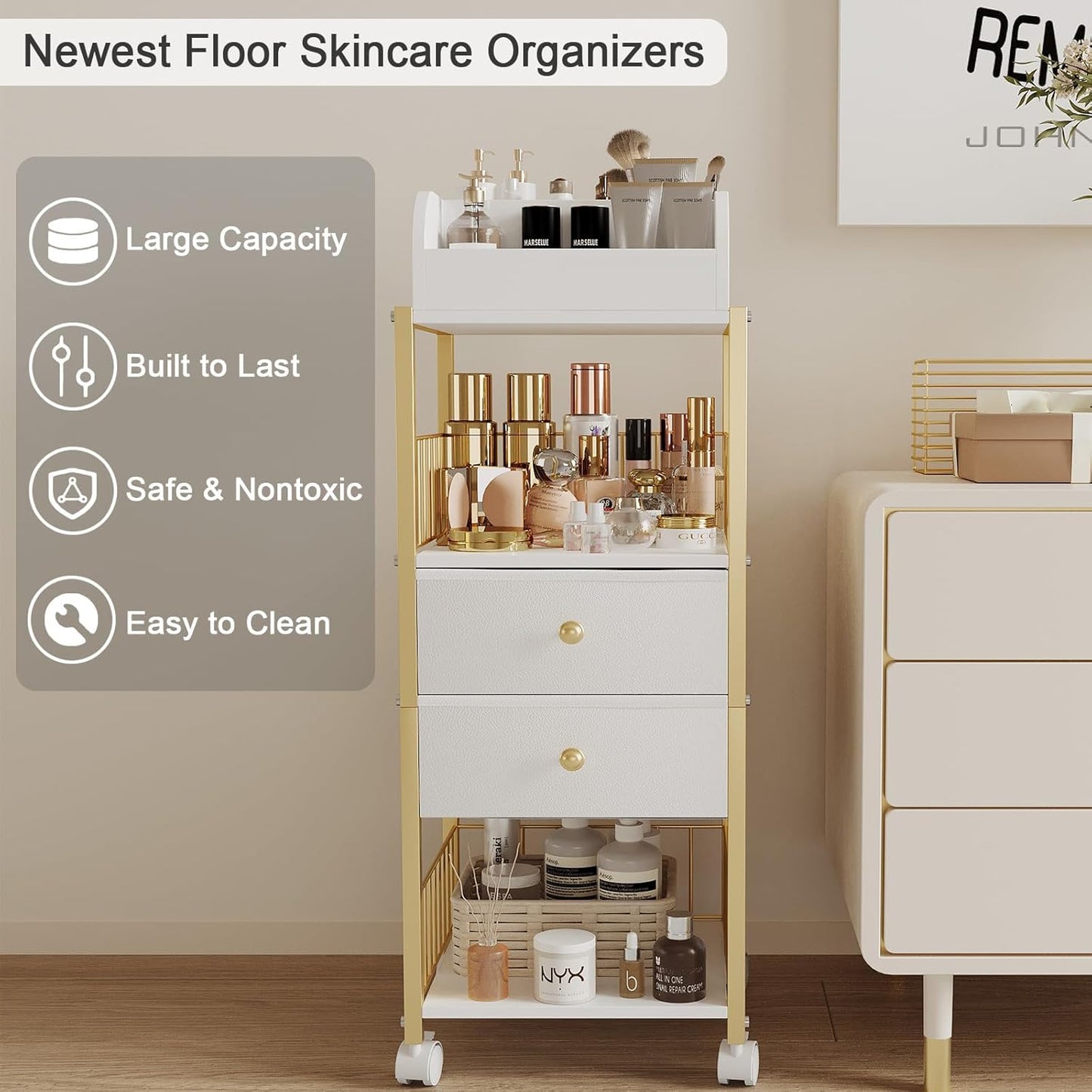 Makeup Organizer Cart - Large Skincare & Makeup Stand with Drawers | Gold Vanity Storage