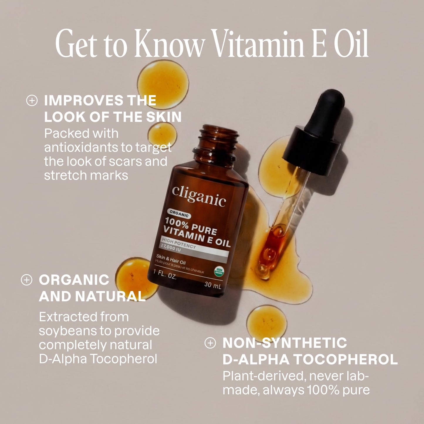 Cliganic Organic Pure Vitamin E Oil for Skin, Hair & Face - 27,000 IU, Non-GMO Verified | Natural D-Alpha Tocopherol