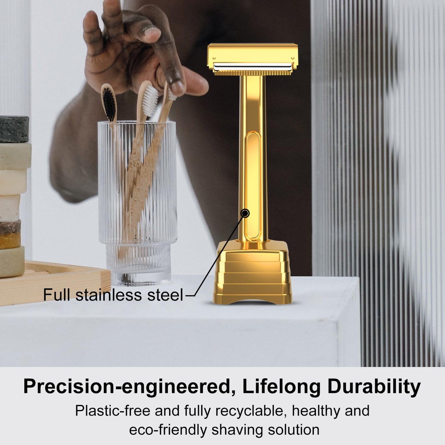 THURLADY Dual-Blade Safety Razor with Pivoting Head, Reusable Metal Razors for Men, with 20 Double Edge Blades and Stand, Smooth Close Clean Shave, Golden