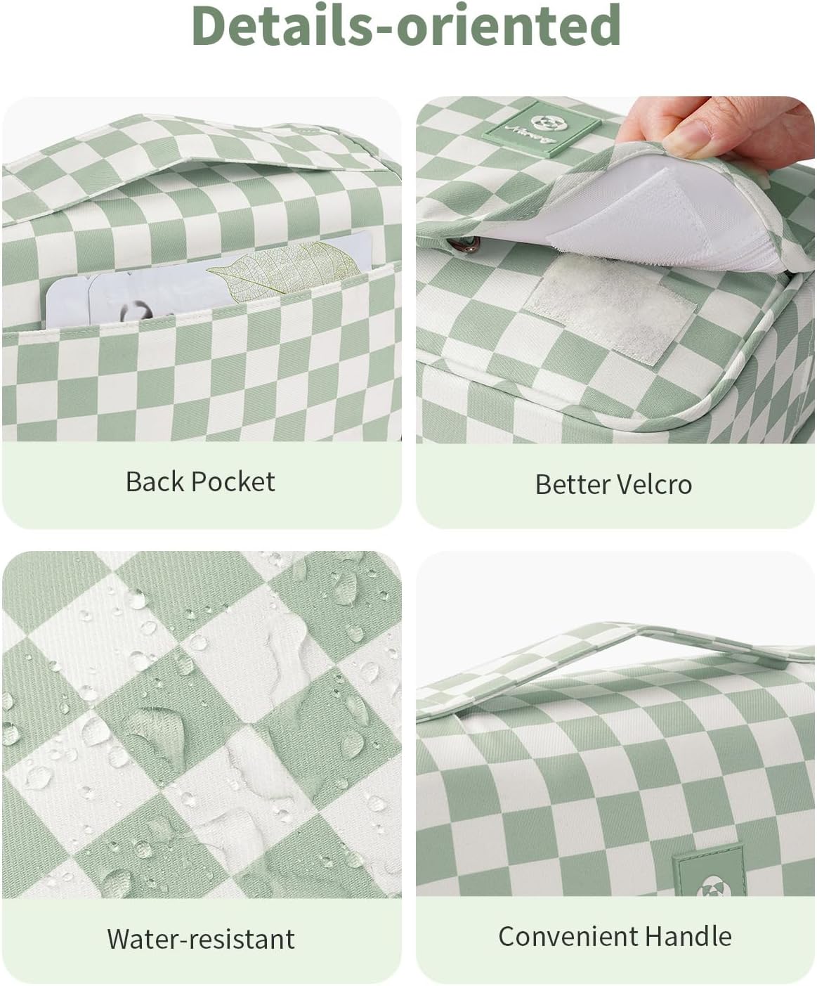 Narwey Small Hanging Travel Toiletry Bag - Checkered Makeup Organizer for Women | Mint Green Checkerboard