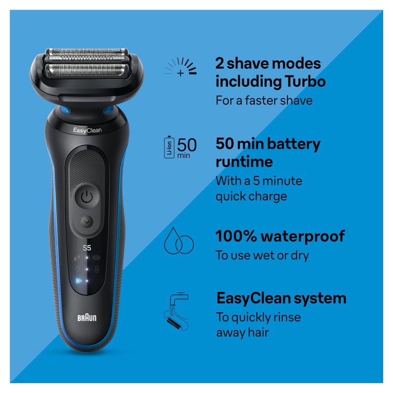 Braun Electric Shaver for Men, Series 5 5150cs, Wet & Dry Razor, Turbo Shaving Mode, Foil Shaver, with Beard Trimmer, Body Groomer and Charging Stand, Blue