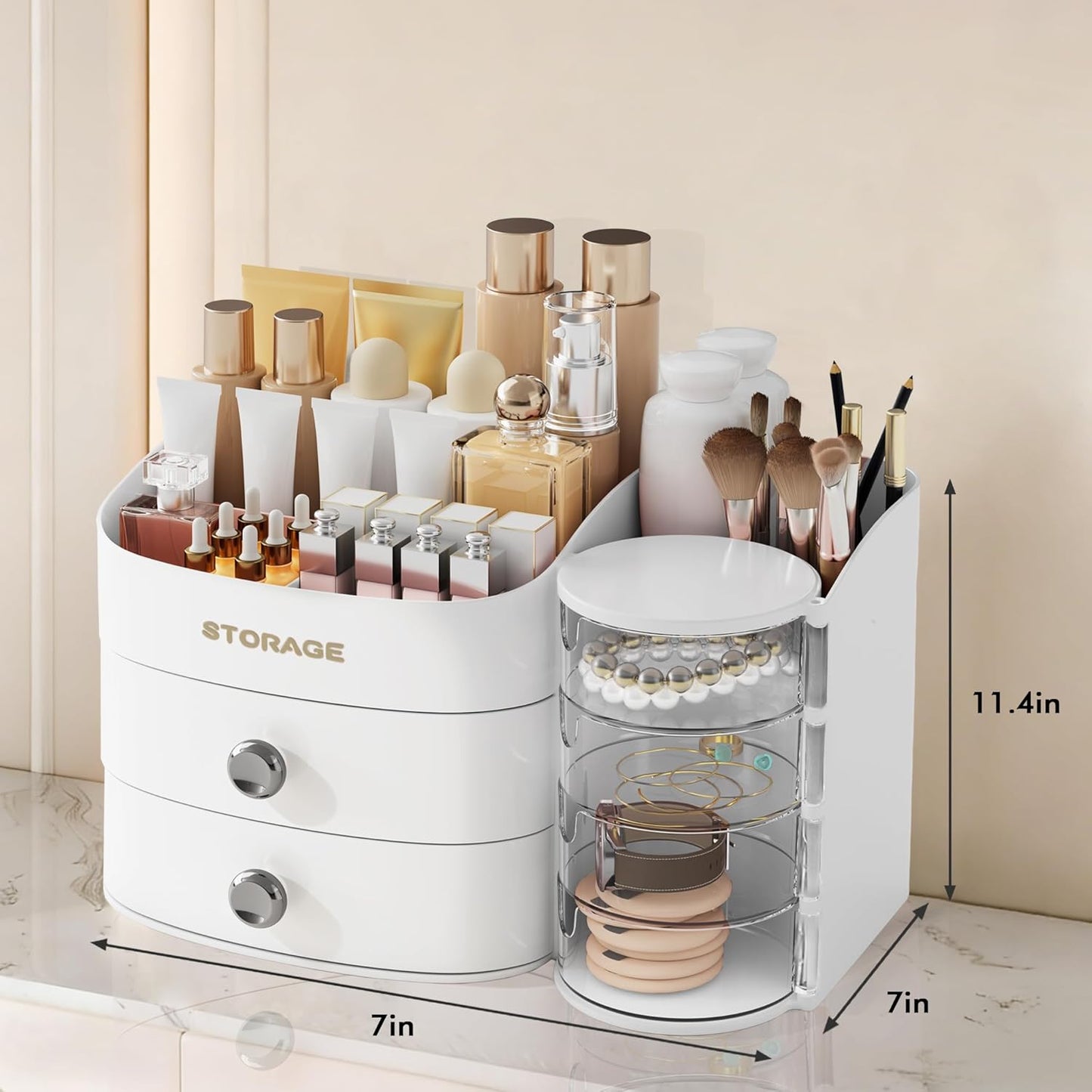 Makeup Organizer for Vanity - Skincare & Cosmetic Storage with Drawers | Brush Holder, Lipstick, Jewelry - White