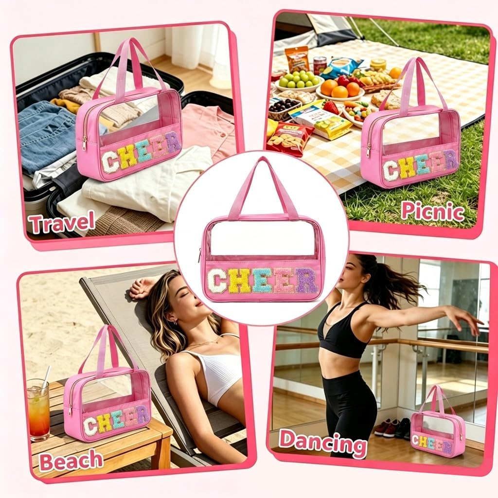 Cheer Makeup Bag - Chenille Letter Patch Clear Cosmetic Organizer | Waterproof Nylon Toiletry Bag for Cheerleaders