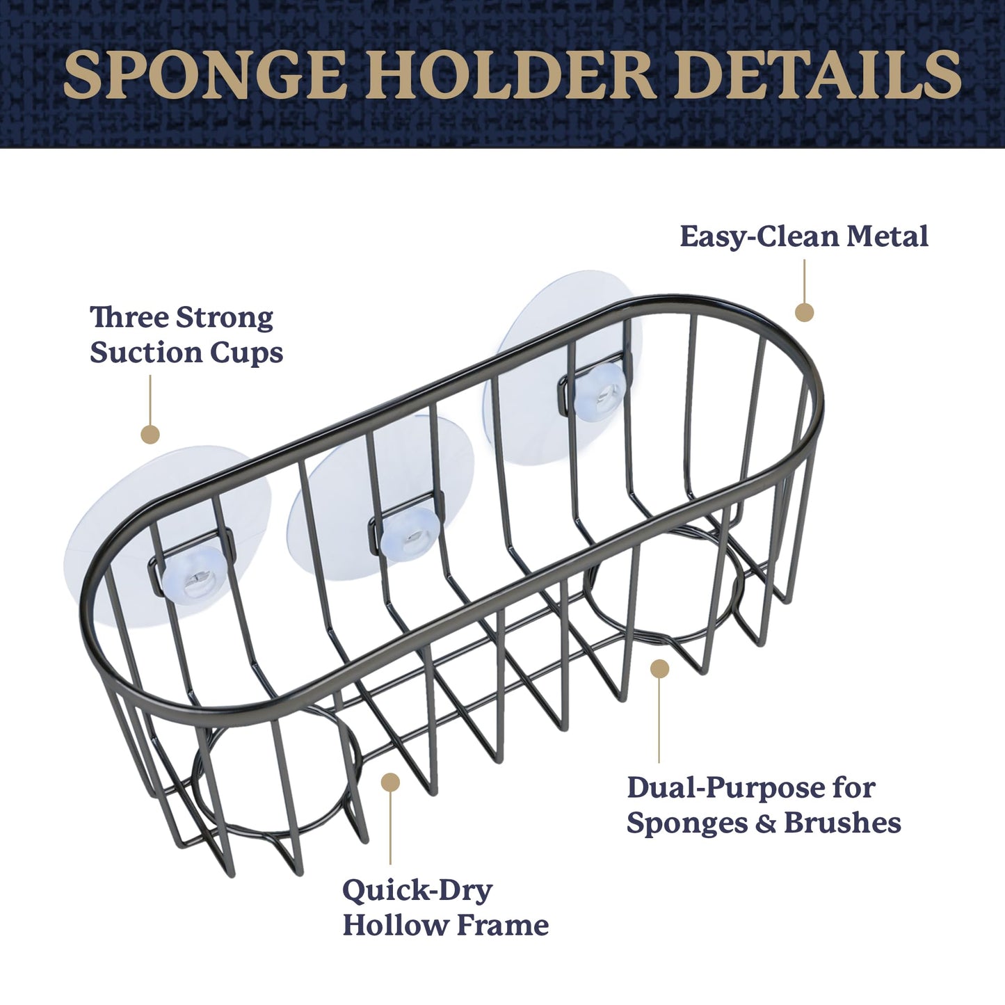 Farberware Sponge Holder for Kitchen Sink—Brushed Metal Sink Caddy Organizer with Triple Suction Cups, Kitchen Organizer for Sponges, Brushes, Soap & Cleaning Essentials