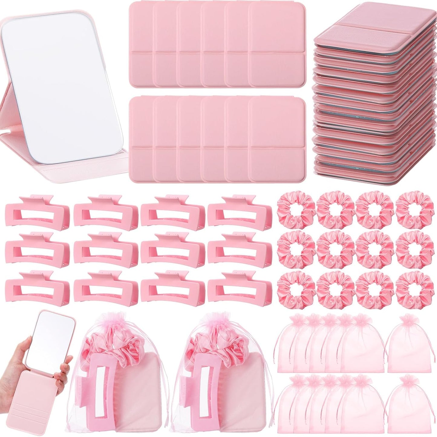 Spa Sleepover Party Favors - 48 Pcs Compact Mirrors, Hair Claw Clips & Scrunchies | Pink Organza Bags for Girls & Women