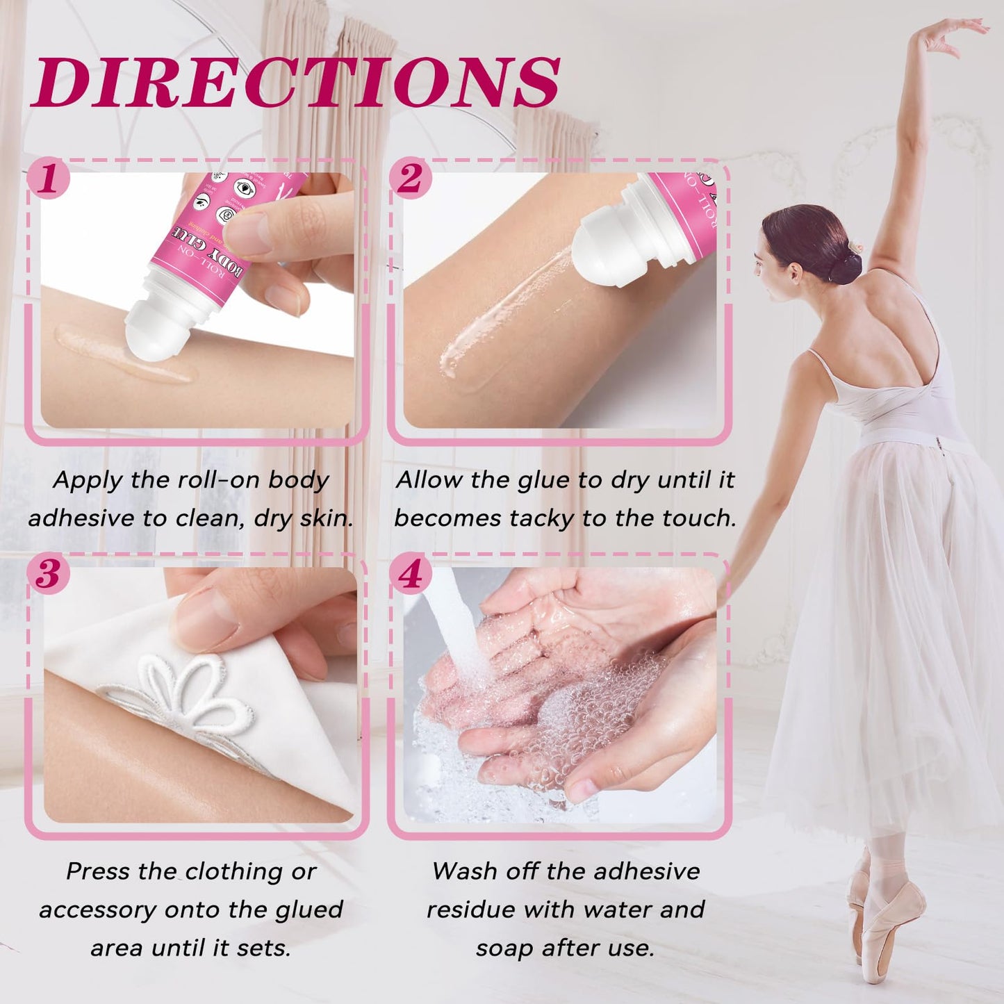 Body Glue for Clothes & Skin 2.54 Oz, Roll-On Body Adhesive, Sweat Resistant, Skin-Friendly and Washable Fashion Glue, Fabric-Safe Fashion Tape Glue for Dancers, Socks, Leotards, Bras, Wigs & Costumes
